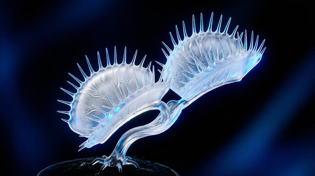 Close-up of a bioluminescent Venus flytrap made of translucent glass against a dark background.