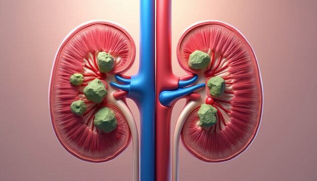 Human kidney cross-section with kidney stones visible inside. Illustrates renal anatomy, potential health issues like stones. Shows internal structure with medical accuracy for educational purposes.