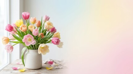 Fototapeta premium Soft pastel tulips in a ceramic vase on a wooden table, a gentle spring bouquet