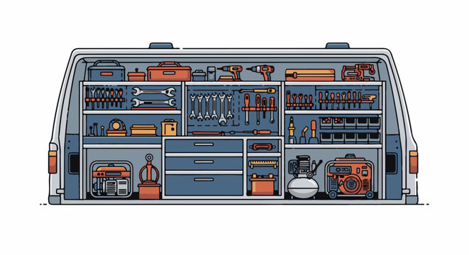 Rear view of a service van interior, fully stocked with tools and equipment