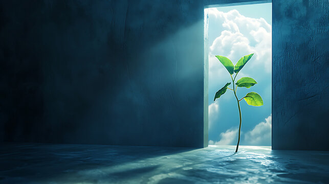 A lone green sprout emerges from water into a bright sunlit doorway symbolizing hope and new beginnings.