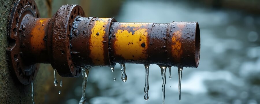 Old rusty metal pipe section leaks water droplets. Damaged industrial plumbing shows corrosion and decay. Wet metal texture with fluid drops visible.