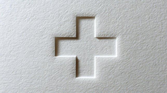 Raised relief plus sign symbol on textured white paper background, a clean and minimalist abstract emblem of health, medicine, and positive concepts