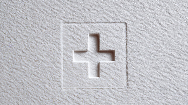 Embossed Plus Symbol on Textured White Paper: A Close-Up View of a Subtle, Abstract Design Representing Help, Positivity, and Medical Concepts