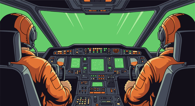 Two pilots in orange suits in a pixelated aircraft cockpit