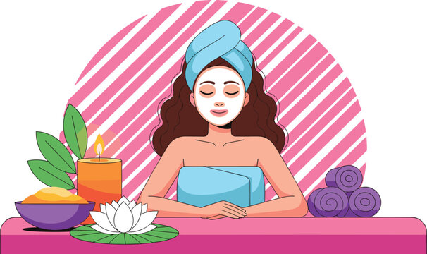 Spa Treatment Vector Illustration Featuring a Woman with a Facial Mask, Candles, Lotus Flower, and Towels for Relaxation and Wellness Designs