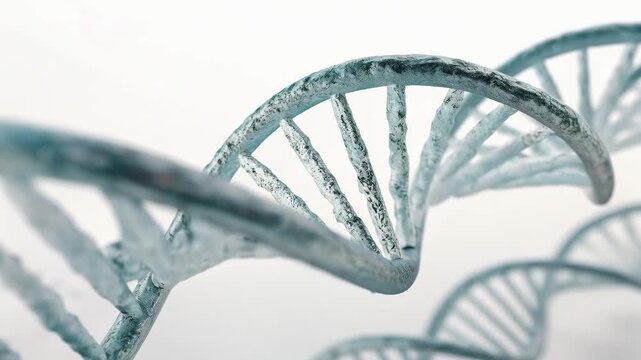 A detailed view of a DNA double helix, symbolizing genetics and the building blocks of life. The structure is rendered in a translucent, icy blue color.