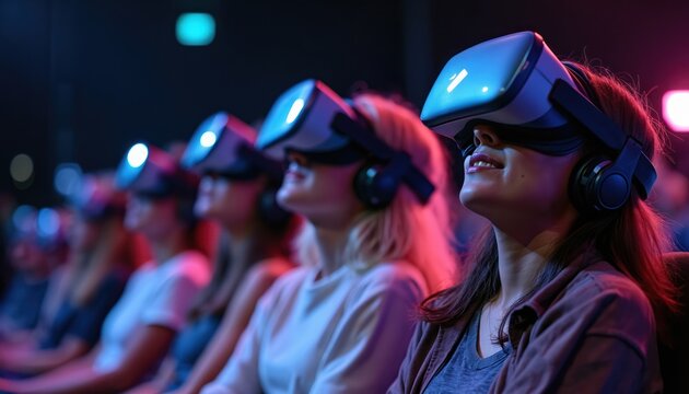 Group of people wear VR headsets looking up in awe. Individuals experience virtual reality tech in dark event space with neon lights. Futuristic entertainment session.