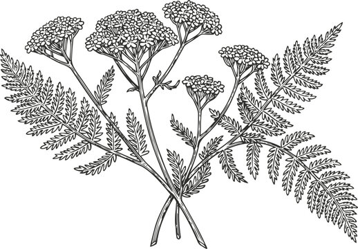 Illustration of yarrow plant with flowering clusters and fern like leaves detailed botanical drawing