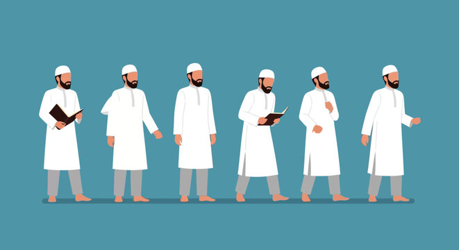 Set of Muslim Man Character Poses in Traditional White Clothing Flat Vector Illustration