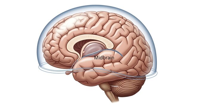 Detailed sagittal illustration of the human brain with the midbrain region clearly labeled, emphasizing its role as a central relay for visual, auditory and motor pathways between the cerebral cortex,
