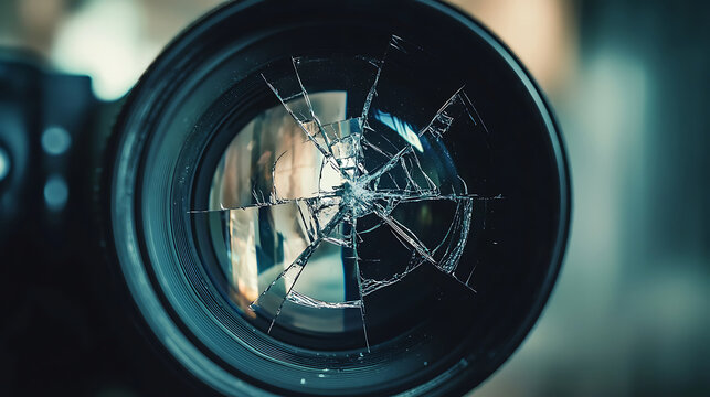 Closeup of a broken camera lens with shattered glass reflecting the surroundings.