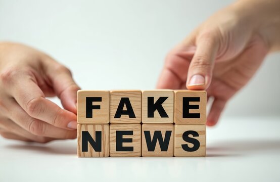 Hands arrange wood blocks spelling FAKE NEWS. Discern truth from falsehood in media. Promote media literacy and critical thinking about online information.