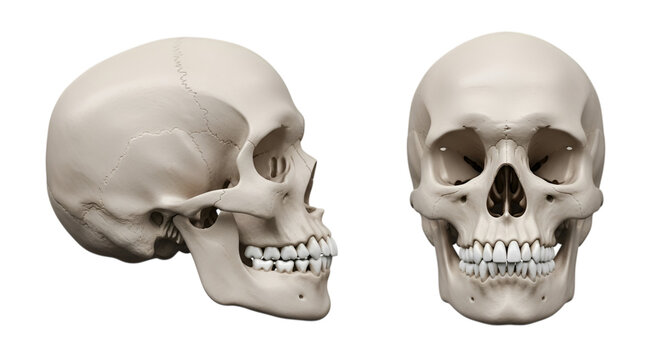 Two human skulls side and front view on black background