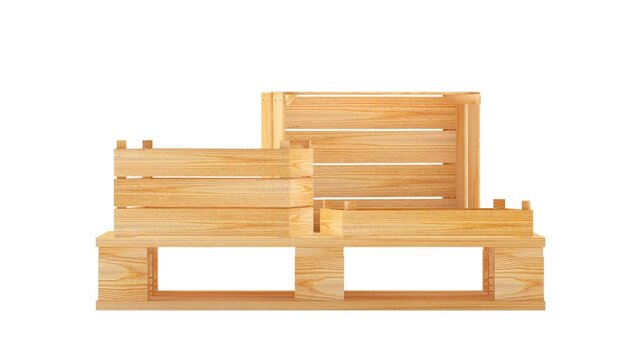 4K animation of a pallet with falling empty wooden crates.