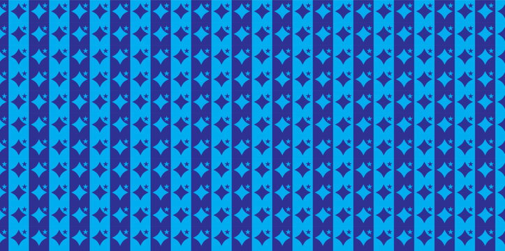 Geometric blue pattern with vertical stripes and diamond shapes, seamless abstract vector background, repetitive minimalist graphic design for textile