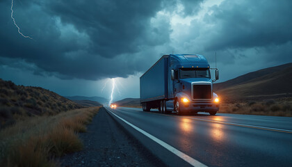 Obraz premium Blue semi-truck drives on empty highway under stormy sky. Lightning flashes illuminating the landscape during dramatic weather. Commercial transport, logistics, and freight journey.
