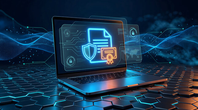 Modern cybersecurity laptop with glowing digital certificate shield and lock icons for data protection and secure online information encryption in a high tech futuristic background