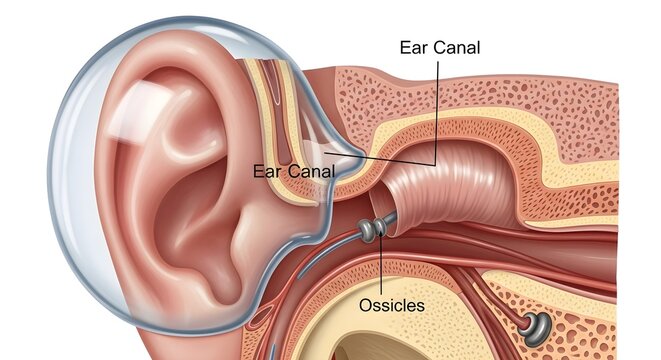Detailed cross‑section medical illustration of the human outer and middle ear showing the external ear, ear canal, eardrum region and tiny ossicles, explaining the pathway of sound from the ear canal 
