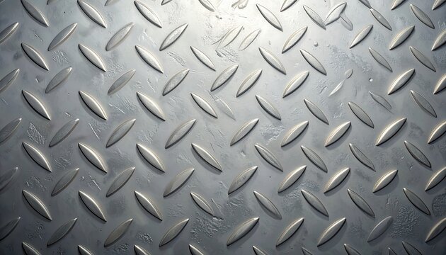 Textura met&aacute;lica prateada de chapa xadrez com relevo de diamante em fundo industrial brilhante.