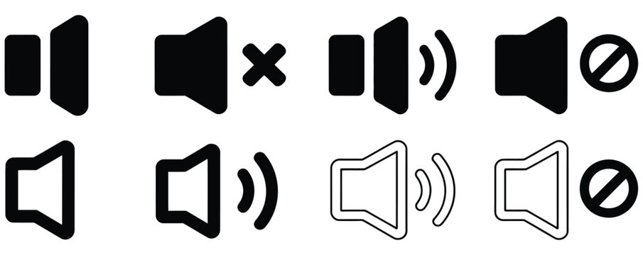 Speaker, icon set featuring mute and unmute volume signs, audio control and sound settings concept, modern flat vector illustration collection for apps, websites, and digital interface design