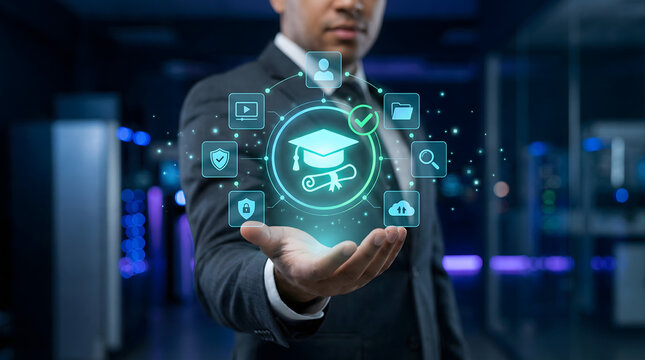 Businessman holding futuristic glowing digital education icons with graduation cap and diploma for online learning university certification and e-learning technology concepts