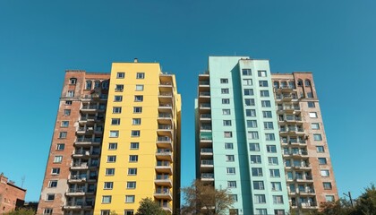 Fototapeta premium Two contrasting apartment blocks, one old and crumbling brick, the other new yellow and teal. Side by side they show urban change over time.