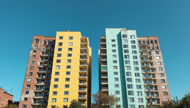 Two contrasting apartment blocks, one old and crumbling brick, the other new yellow and teal. Side by side they show urban change over time.