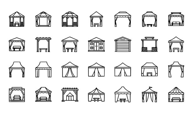 Canopy gazebo shed and tent outline icon set with outdoor shelter structures for clean web design vector collection