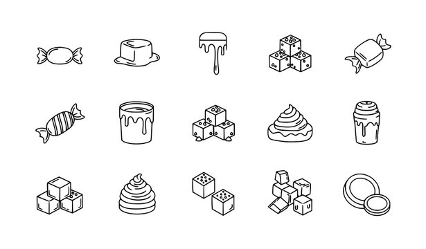 Salted caramel outline icon set with candy sauce drips and dessert elements for sweet food web design
