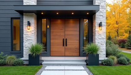 Fototapeta premium Modern home entryway with double wooden doors. Features stone facade landscaping pathway and exterior lighting. Elegant contemporary design offers inviting warm atmosphere.