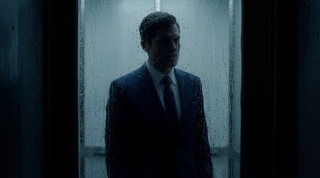 Man in suit standing behind glass covered with raindrop. Melancholy office worker looking through rainny window. Dramatic moody portrait of businessman feeling lonely or thoughtful concept