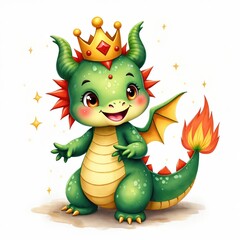 Obraz premium Cute green baby dragon wears golden crown. Whimsical cartoon creature smiles happily with its wings spread. Fantasy beast has flame tail. Joyful character is playful.