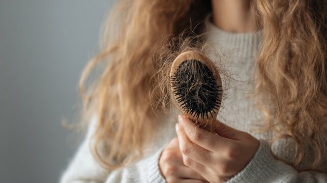 Woman holding hairbrush with excessive hair loss