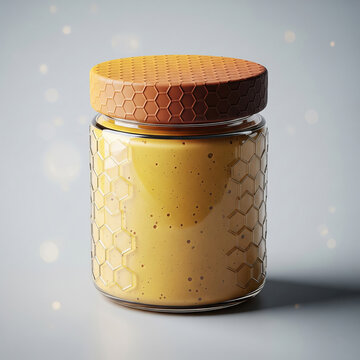 Premium glass honey jar with hexagonal honeycomb-textured embossed lid and golden yellow contents.