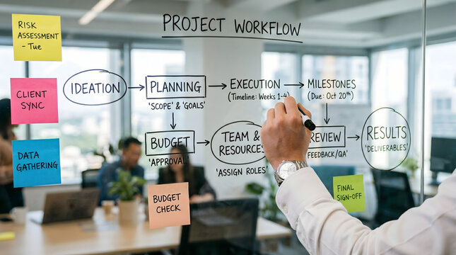 Project manager writing project workflow plan on office glass board with colorful sticky notes showing ideation execution budget and milestones during a business team meeting