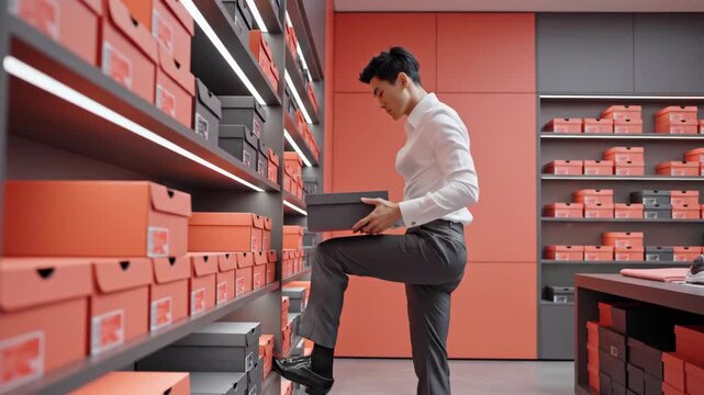 現代的な靴店で棚から靴箱を取る男性店員。顧客サービスと在庫管理の様子。小売業のプロフェッショナル