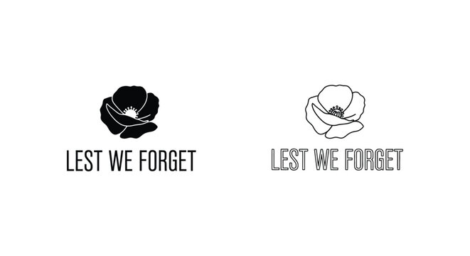 Remembrance poppy icons, Lest We Forget symbols, black and white vector graphics, memorial signs