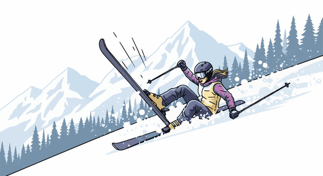 Woman skiing down a snowy mountain slope amidst pine trees
