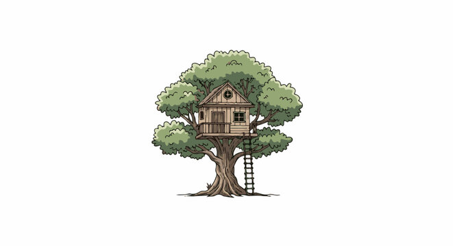 A rustic treehouse with a wooden ladder ascends a large, leafy tree