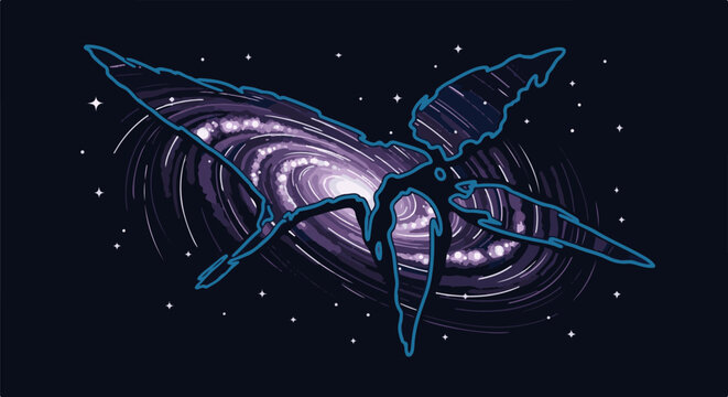 Abstract cosmic entity intertwined with a spiral galaxy against a starry background