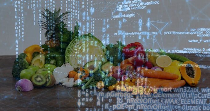 Clip start starting code overlay rising over produce, streams flowing, marking items to show data