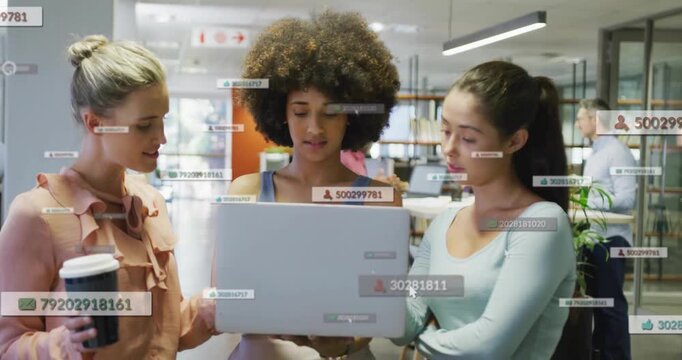 Central woman holding laptop and showing, causing AR labels grouping near heads and laptop for tech