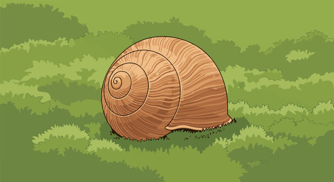 A spiral snail shell rests on lush green grass in a stylized drawing