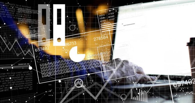 Right hand typing laptop, activating cloud to bars, pie, line or area charts analyzing business data