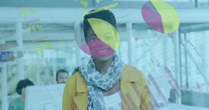 Woman raising eyes to camera in office, animated charts overlaying face, sharing business data