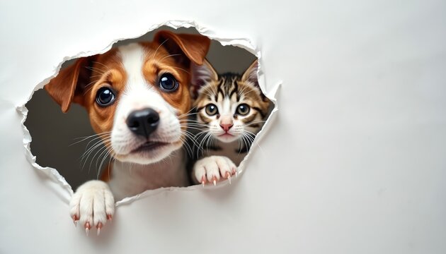 Curious puppy and kitten peek through torn paper hole. Adorable pets show playful mischief, friendship bond, funny interaction, innocent, curious eyes. Friends pose together.