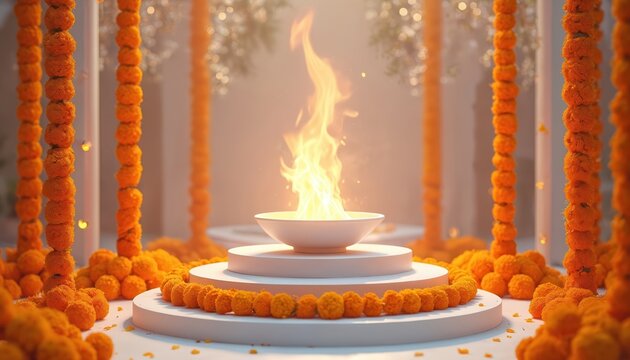 Sacred fire burns in bowl during religious ritual. Orange marigold flower garlands decorate spiritual ceremony stage. Hinduism worship and tradition.