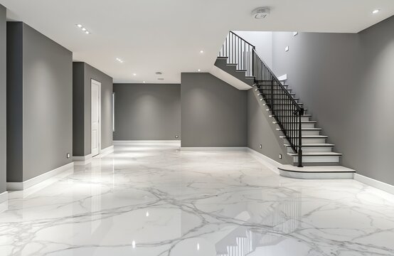 Modern spacious empty basement features polished marble floor, grey walls. Sleek black staircase leads upstairs. Minimalist home interior design with clean lines, bright lighting, perfect for luxury