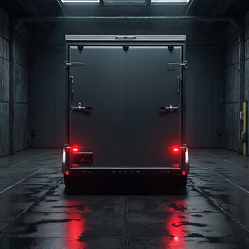 Dark grey enclosed cargo trailer stands in dimly lit industrial garage. Wet concrete floor reflects red taillights. Metal structure, closed doors, transport unit ready for delivery.